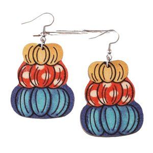 Pipi Tree Wooden Designer Stacked Pumpkin Trio Earrings NWOT